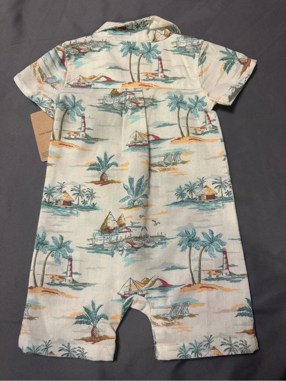 Eddie Bauer Baby Tropical Print Button Romper - White, Teal, Yellow, Red-0014